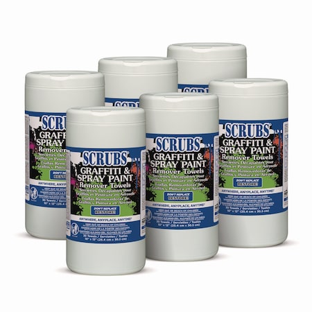 Scrubs Graffiti and Paint Remover Towels, Citrus, 10x12, Neutral Scent, Orange on White, 6PK 90130